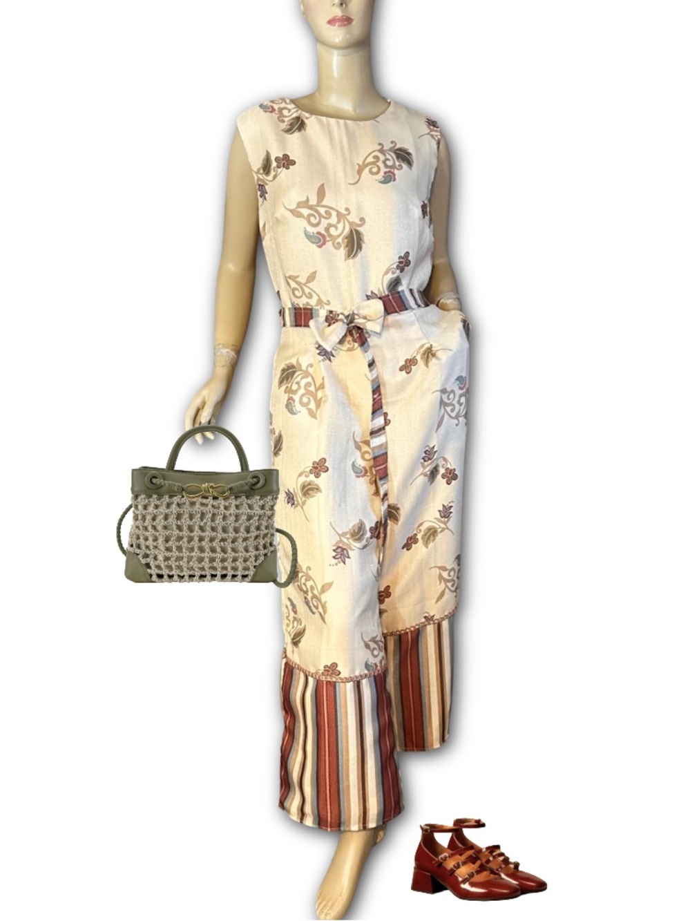 HAND-CRAFTED SLOW FASHION EARTH TONES STRIPES & FLORAL JUMPSUIT (APPX L)